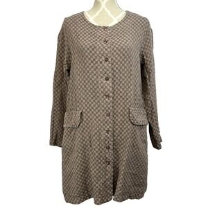 Grizas Linen Blend Size S Button Front Tunic Textured Brown Geometric Print